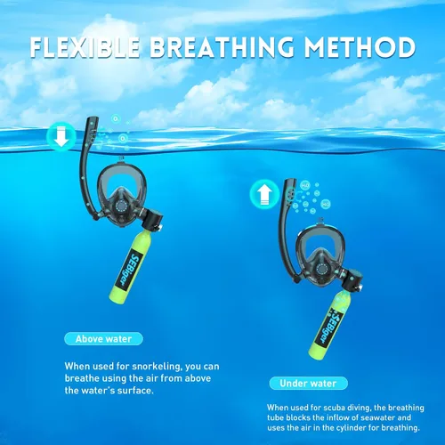 Vista 4 de Máscara de snorkel Mini tanque de buceo 0.5L hasta 6 minutos de respiración submarina dentro de 30 pies de profundidad de buceo pequeño tanque