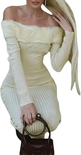 Vista 4 de Vestido midi sexy con hombros descubiertos y manga larga para mujer, vestido tipo suéter de punto sin espalda, vestido dividido para fiestas y clubes