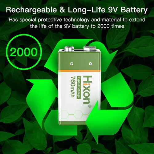 Vista 5 de Hixon Baterías de litio recargables USB de 9 V, baterías de iones de litio de larga duración de 760 mAh de 9 voltios con cable de carga tipo C