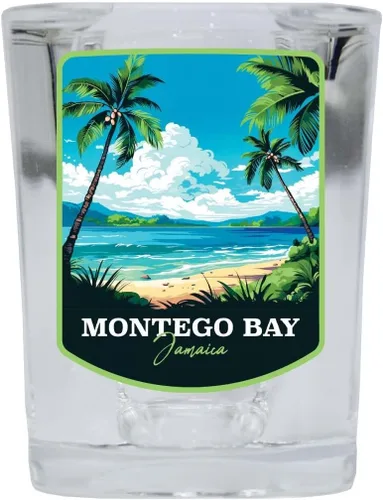 Vista 3 de Montego Bay Jamaica Design B Souvenir - Vaso de chupito cuadrado de 2.5 onzas, base azul individual