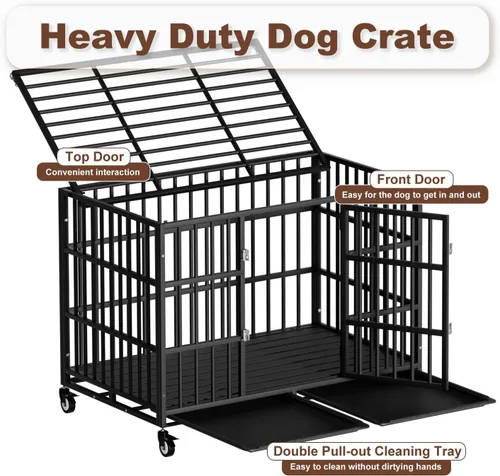 Vista 4 de Snuowu Jaula para perros de alta resistencia de 42 pulgadas con ruedas, jaula indestructible a prueba de escapes para perros grandes, extragrande