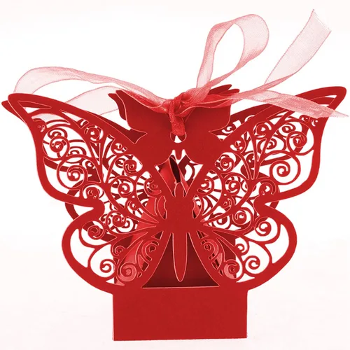 Vista 4 de Auto-plaza 50 cajas de regalo de mariposa cortadas con láser, cajas de dulces con cintas (beige)
