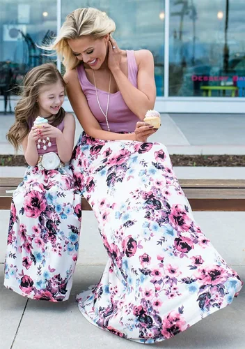 Vista 2 de YMING Vestidos a juego para mamá e hija, sin mangas, vestido estampado floral