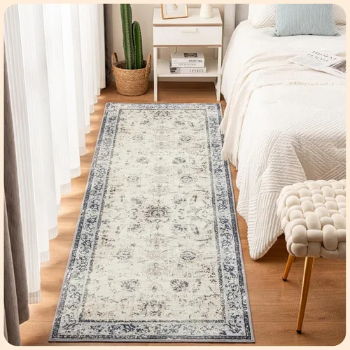 Vista 221 de Istana Alfombra larga antideslizante de 2.5 x 8 para el hogar, para pasillo y cocina, lavable, sedosa y suave al tacto, elegante, color azul y marfil