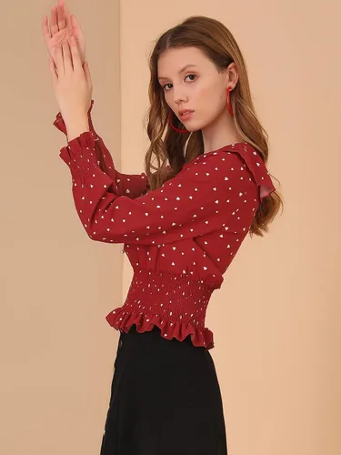 Vista 4 de Allegra K Blusa para mujer con cuello de Peter Pan con estampado de corazón y perlas