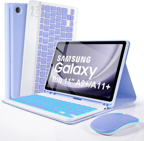 Vista 11 de LAMA Funda con teclado para Samsung Galaxy de 11 pulgadas Tab A9 Plus 2023/Tab A11 Plus 2025 con ratón, retroiluminación de 7 colores, funda