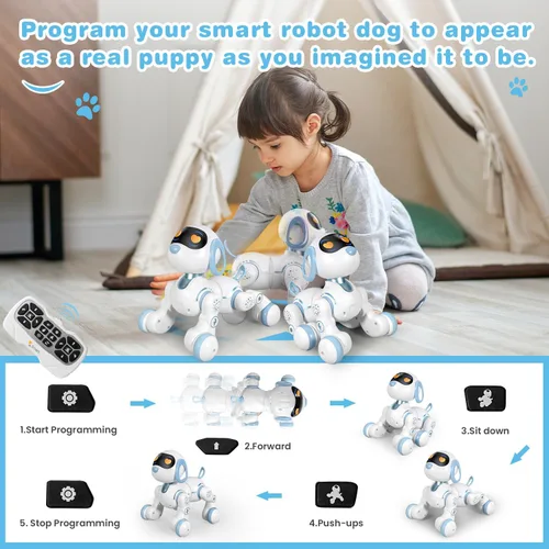 Vista 4 de Perro robot, perro a control remoto para niños con detección táctil de cabeza y función de música, robot interactivo programable, divertido juguete