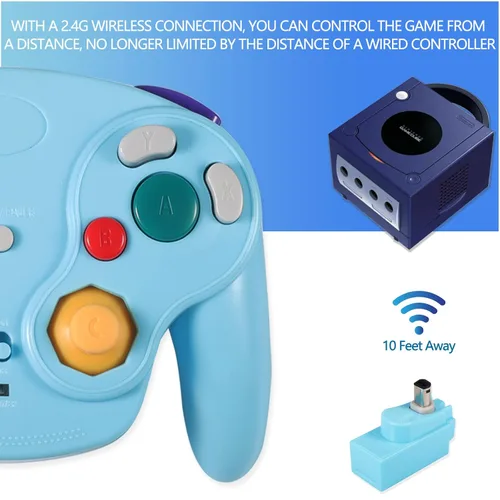 Vista 2 de PGYFDAL Wireless Game Cube Controller, 2 Pieces 2.4G Wireless Classic Gamepad with Receiver Adapter for Wii Game Cube NGC GC (Black and Blue)