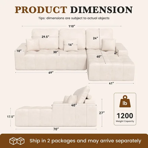 Vista 2 de Luxanimarion Sofá modular modular de 110 pulgadas con diván, forma de L Beige (piel sintética)