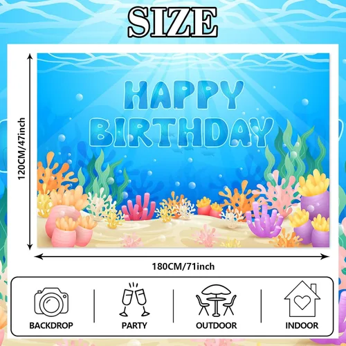 Vista 2 de Cartel de feliz cumpleaños bajo el mar, telón de fondo de animales del océano bajo el mar, decoración temática para niños y niñas, fiesta de primer