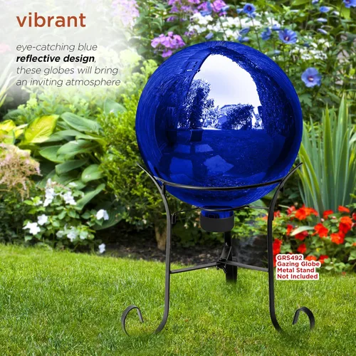 Vista 5 de Alpine Corporation Globo mirador de cristal para interiores y exteriores de 10 pulgadas — Decoración festiva de jardín y patio — Azul