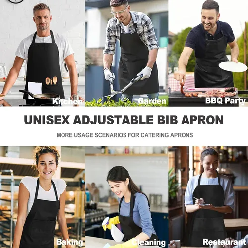 Vista 7 de Paquete de 5 delantales de chef blanco y negro, delantal de cocina con bolsillo para hombres y mujeres, delantal de trabajo de cocina para camarera
