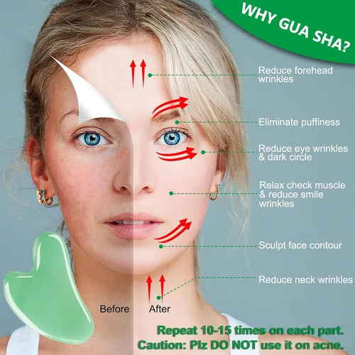 Vista 2 de esur Jade Gua Sha Juego de herramientas faciales, paquete de 2 herramientas Guasha para masajeador facial, raspador facial de piedra de jade natural
