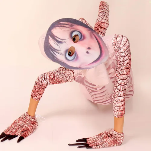 Vista 5 de Disfraz de Momo para niños máscara de diablo de terror para niños juegos de desafío aterrador disfraz malvado fiesta de cosplay espeluznante
