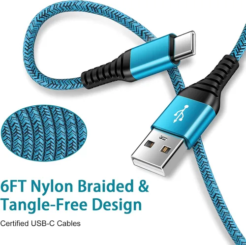 Vista 3 de Cable USB C de carga rápida tipo C de 6 pies, paquete de 5 cables de carga de nailon para Samsung Galaxy S26 A17 A16 5G A12 A32 A52 S23 S22 S21 A14