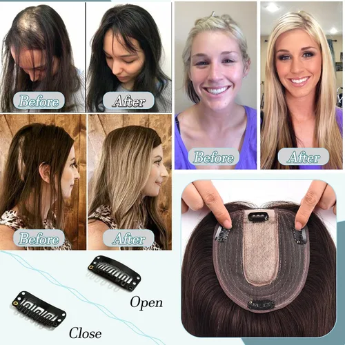 Vista 4 de Toppers de cabello humano real para mujeres con cabello delgado, 6 pulgadas, marrón oscuro