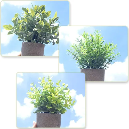 Vista 8 de homEdge Mini eucalipto artificial en maceta, 3 paquetes de plantas de plástico artificial con maceta para el hogar, decoración de escritorio