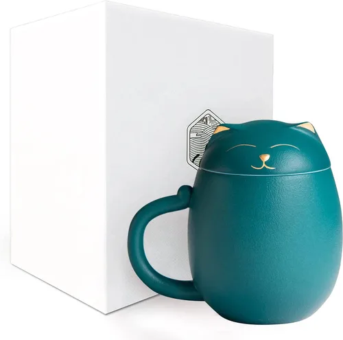 Vista 2 de Liywall - Taza de té de cerámica con infusor y tapa, colador de taza de té de porcelana hecho a mano con diseño de gato con estuche de Verde