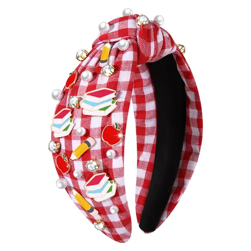 Vista 6 de boderier Diadema para profesores, libro de lápiz, diadema a cuadros, diadema de cristal con perlas anudadas para el regreso a la escuela, regalos