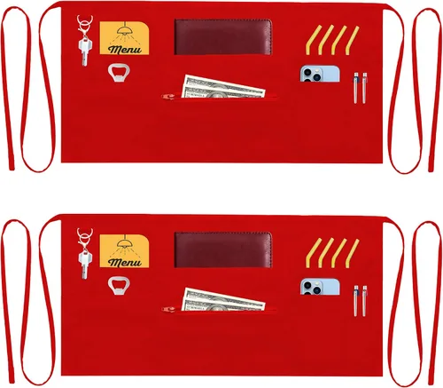 Vista 7 de Delantales de camarero con 7 bolsillos con bolsillo con cremallera (paquete de 2) - Delantales para mujeres y hombres - Medio delantal de cintura