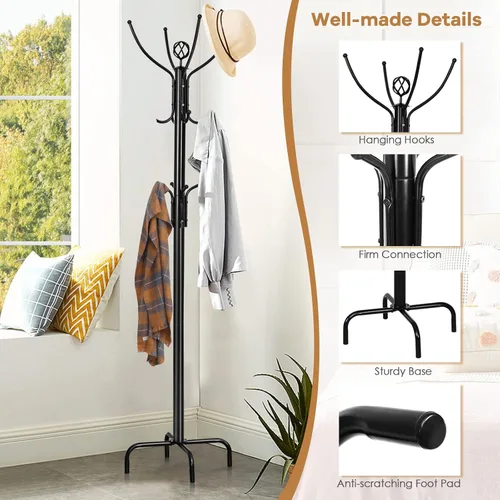Vista 6 de MEDIMALL Perchero independiente, árbol de pasillo de metal, árbol de abrigo independiente para sombrero, abrigo, chaqueta, paraguas, entrada