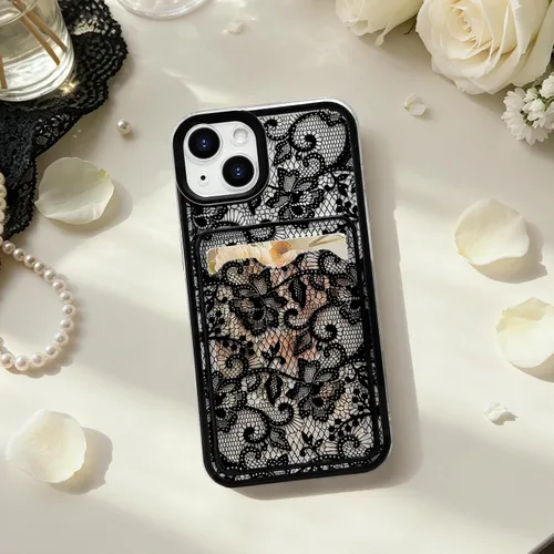 Vista 5 de NITITOP Funda para iPhone 13 transparente linda flor de encaje - flor negra negro (Black Bloom)