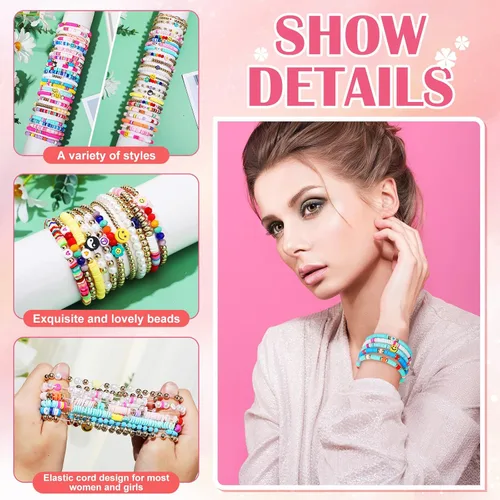 Vista 3 de Equsion 100 Pcs Preppy Heishi Surfer Bracelets Set Colorful Beaded Stretch Bracelets Clay Bracelets for Women Girls Teens
