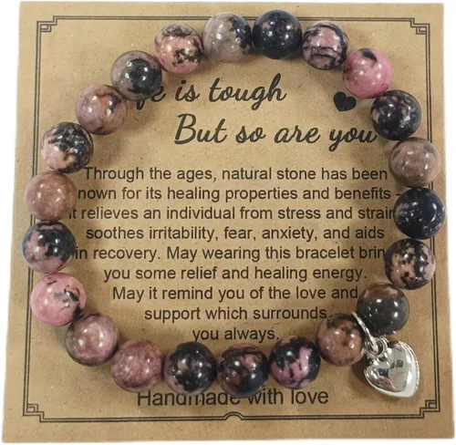 Vista 4 de Pingyongchang Pulsera elástica con cuentas de piedras naturales, con forma de corazón, ajustable, hecha a mano, trenzada, para mujeres, regalos