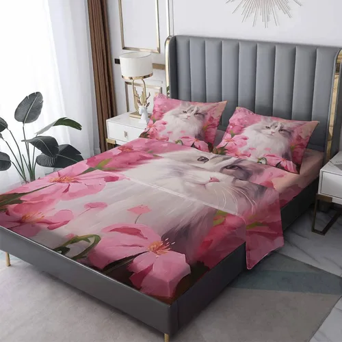 Vista 11 de Juego de sábanas de tamaño individual para gatos, sábanas de microfibra suave, bolsillo profundo, sábanas y fundas de almohada estampadas sin