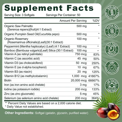 Vista 2 de Saw Palmetto for Men with Pumpkin Seed Oil Prostate Health Supplement