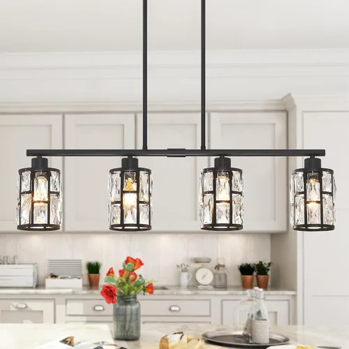 Vista 18 de MEXO Lámpara colgante de cristal moderna de 2 piezas con acabado mate negro, iluminación colgante, candelabro de cristal para sala de estar, cocina