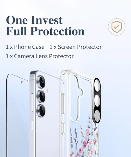 Vista 7 de GVIEWIN Funda protectora para Samsung Galaxy S25, transparente floral, delgada, a prueba de golpes, para mujer, no se pone amarilla, con protector