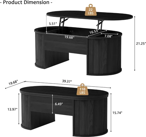 Vista 2 de ORRD Mesa de centro elevable, mesa de centro acanalada con parte superior elevable, mesa de comedor de madera con compartimento oculto, mesa central