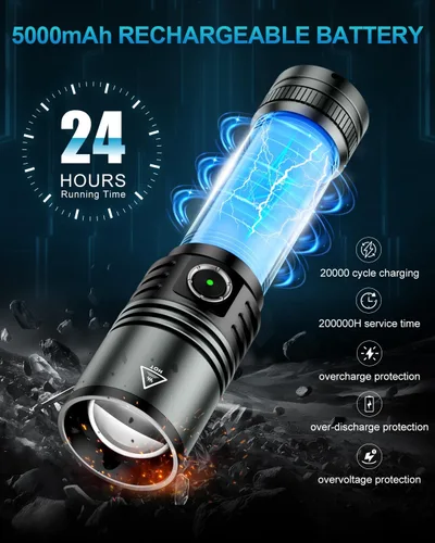 Vista 4 de Linterna recargable de 1500 lúmenes altos, luz LED súper brillante con zoom, 5 modos, impermeable, de mano, potentes linternas tácticas