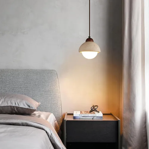Vista 4 de Wabi Sabi - Lámpara colgante de piedra natural nórdica para isla de cocina, lámpara de suspensión de madera para comedor, mesita de noche, entrada
