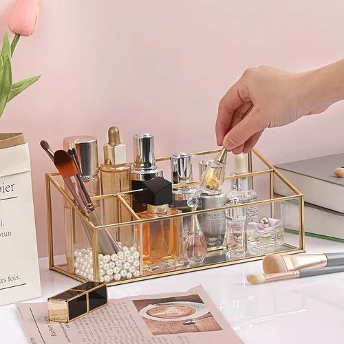 Vista 9 de Hipiwe Organizador de maquillaje para encimera, vitrina de cosméticos de vidrio dorado, soporte de almacenamiento de tocador de 3 ranuras