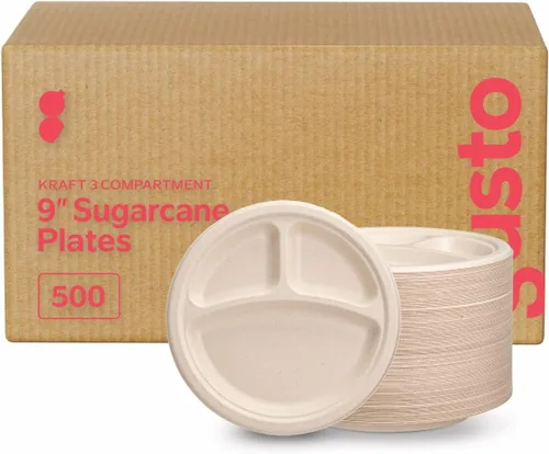 Vista 8 de GUSTO Platos de papel kraft resistentes de 9 pulgadas – [caja de 500], platos de caña de azúcar desechables 100% compostables y biodegradables