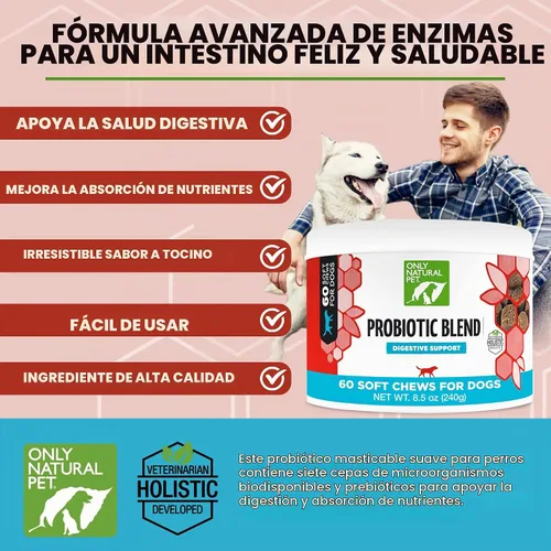 Vista 2 de Only Natural Pet Suplemento probiótico para perros y gatos, fórmula enzimática para la salud digestiva y intestinal, masticables digestivos