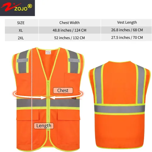 Vista 3 de zojo Chalecos de seguridad de alta visibilidad con cremallera y bolsillos, 5 paquetes, chaleco reflectante al por mayor para trabajos al aire libre
