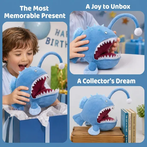 Vista 2 de Juguete de peluche de pez pescador – Lindo pez pescador azul de 12 pulgadas, juguetes de peluche real de la vida marina, pez linterna, juguetes