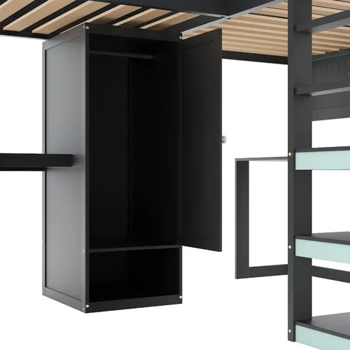 Vista 7 de Twin Size L-Shaped Gaming Loft Bed with Dual Built-in Desks，Black+Blue-P