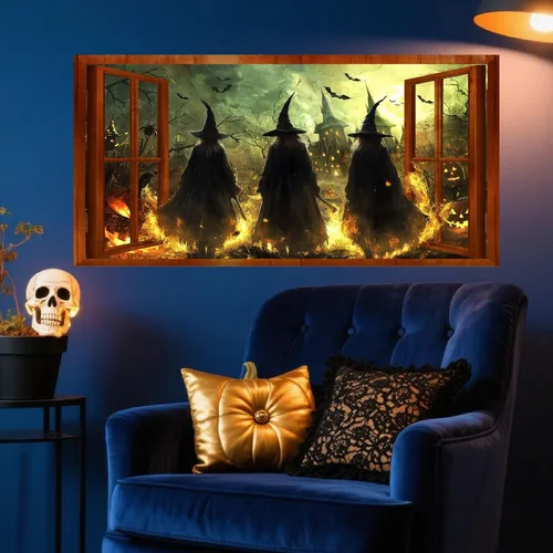 Vista 2 de Calcomanías de pared de bruja de Halloween 3D con escena de Halloween, calcomanías de pared falsas para ventana, mural grande, papel tapiz