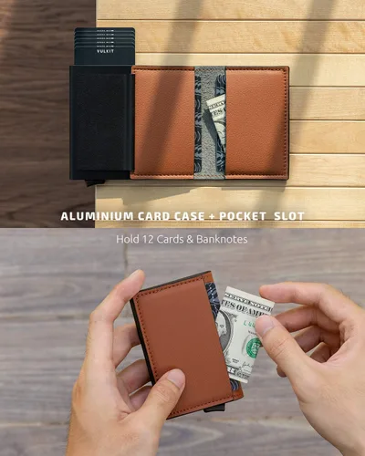 Vista 52 de VULKIT Tarjetero RFID Bloqueo de Cuero Automático Pop Up Cartera Aluminio Slim Pocket Tarjeta de Visita