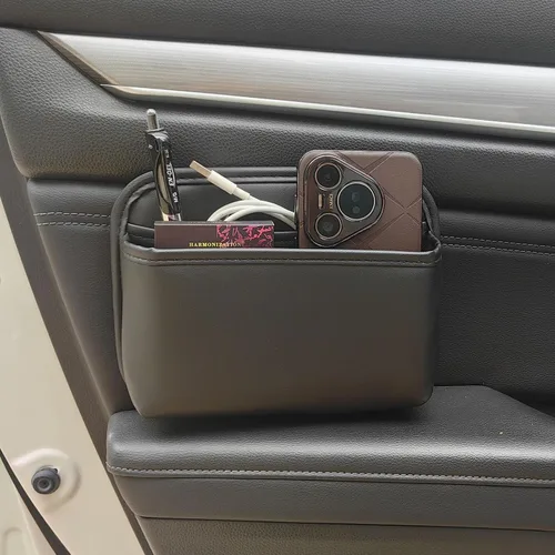 Vista 8 de Bolsa de almacenamiento para automóvil del conductor, organizador de bolsillo lateral pequeño para asientos de automóvil, puertas y consolas, cuero