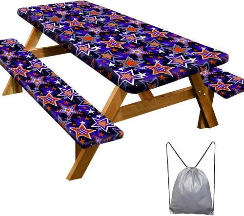 Vista 17 de Mantel de mesa de picnic con fundas de banco de 6 pies, 3 piezas, impermeable, resistente al viento, mantel de camping estético con bolsa
