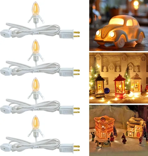 Vista 8 de Juego de 2 cables de accesorios de 6 pies con una bombilla LED, luces de cadena para interiores de molde soplado, lámpara C7 con fusible de repuesto