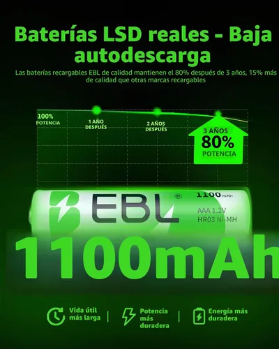 Vista 6 de EBL Baterías AAA recargables (16 unidades) Ready2Charge 1100mAh 1.2V Batería Ni-MH