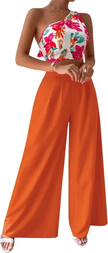 Vista 4 de Floerns Conjunto de dos piezas para mujer con un hombro y pantalones largos de pierna ancha