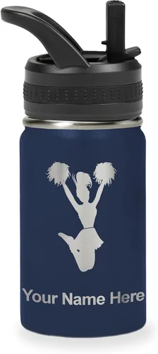 Vista 14 de LaserGram Botella de agua con tapa abatible de doble pared de 12 onzas con pajita, animadora, grabado personalizado incluido (negro)