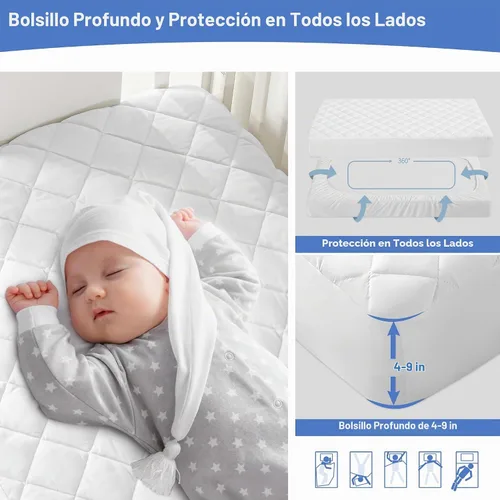 Vista 4 de GRT Paquete de 1 protector de colchón impermeable para cuna, funda acolchada para colchón de bebé, bolsillo profundo ajustable de 4 a 9 pulgadas